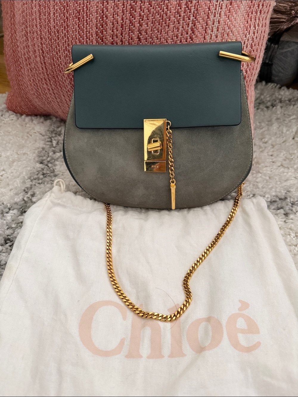 Chloe Teal and Gray Suede-Leather Chain Crossbody
